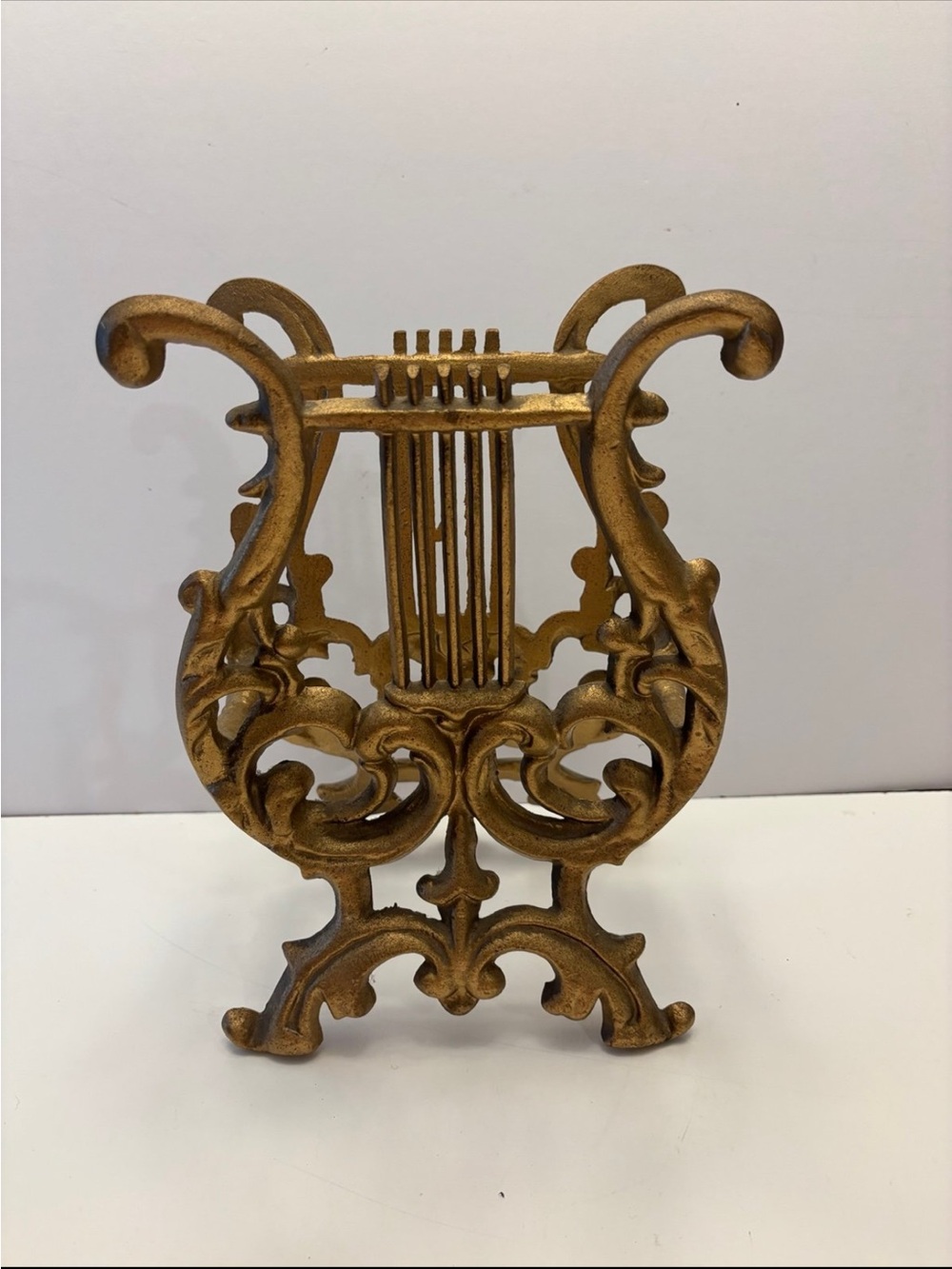 Vintage Cast Iron Gold tone Lyre Harp Magazine Rack, or Vinyl Albums rack